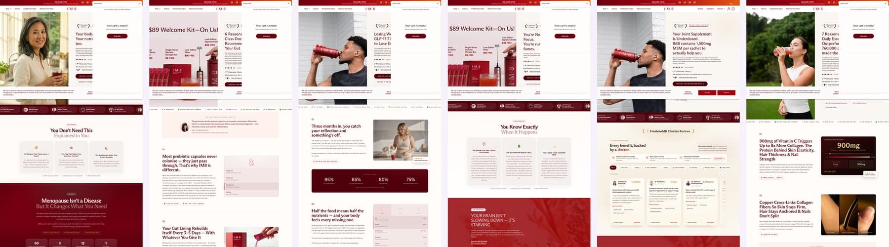 Six landing pages IM8 côte à côte : ménopause, digestion, GLP-1, concentration, articulations, peau