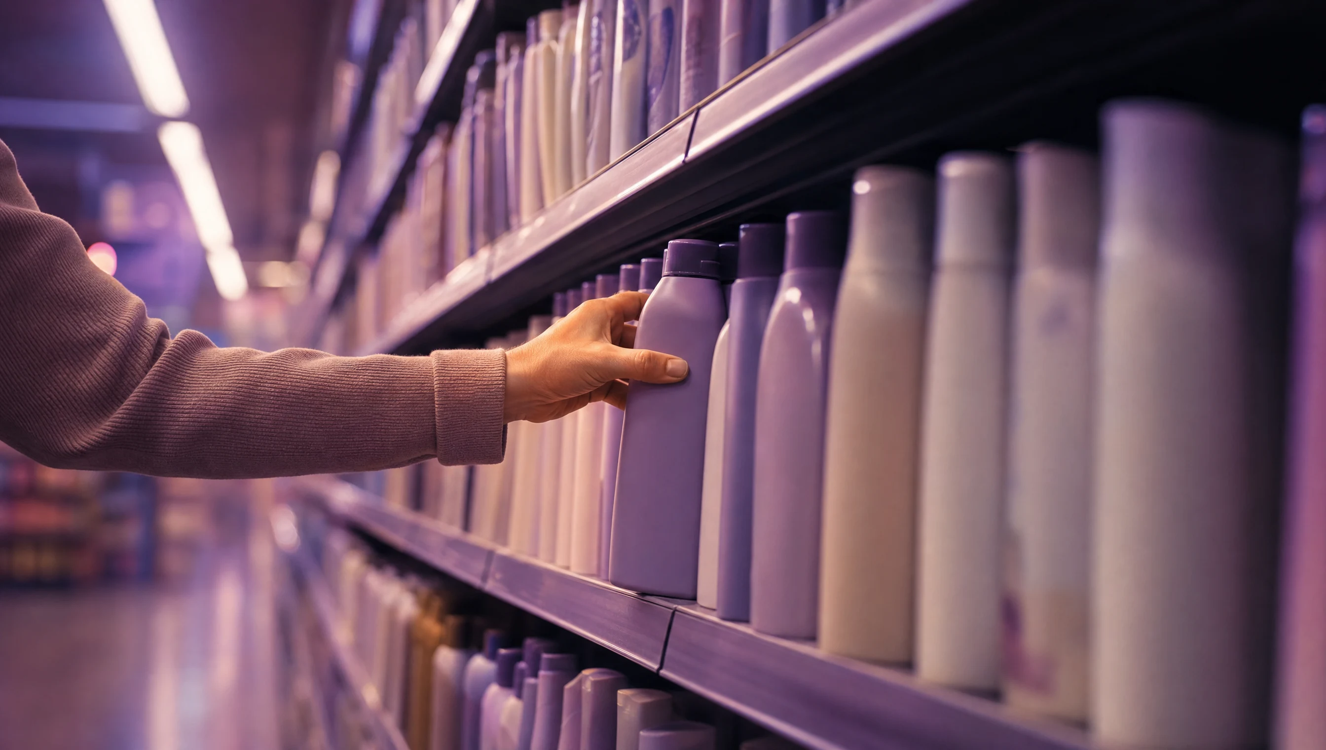 Un rayon de shampoings au supermarché, une main saisit machinalement la bouteille habituelle sans réfléchir