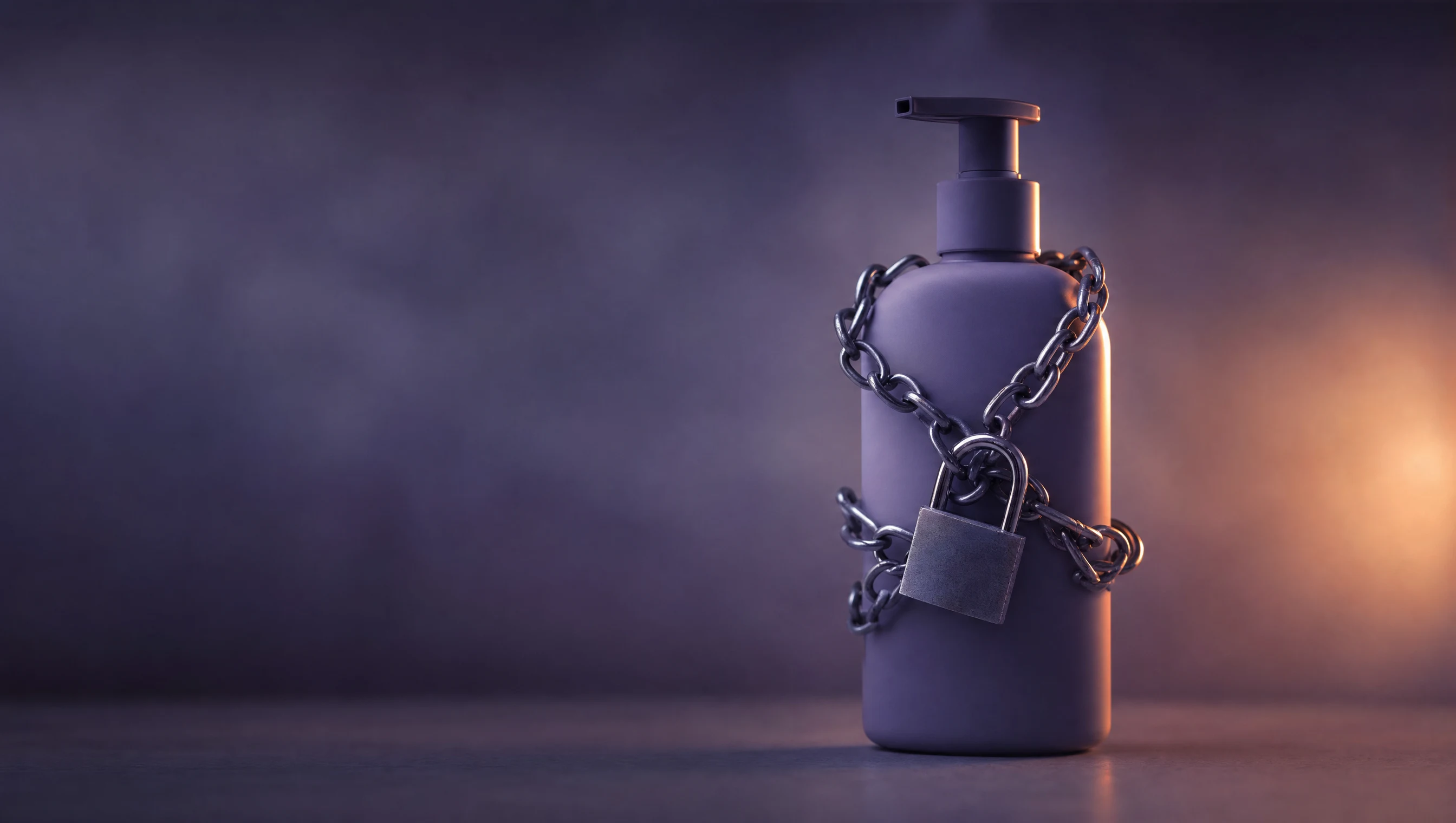 Un flacon de cosmétique entouré d'une chaîne et d'un cadenas, symbole de la peur de l'engagement