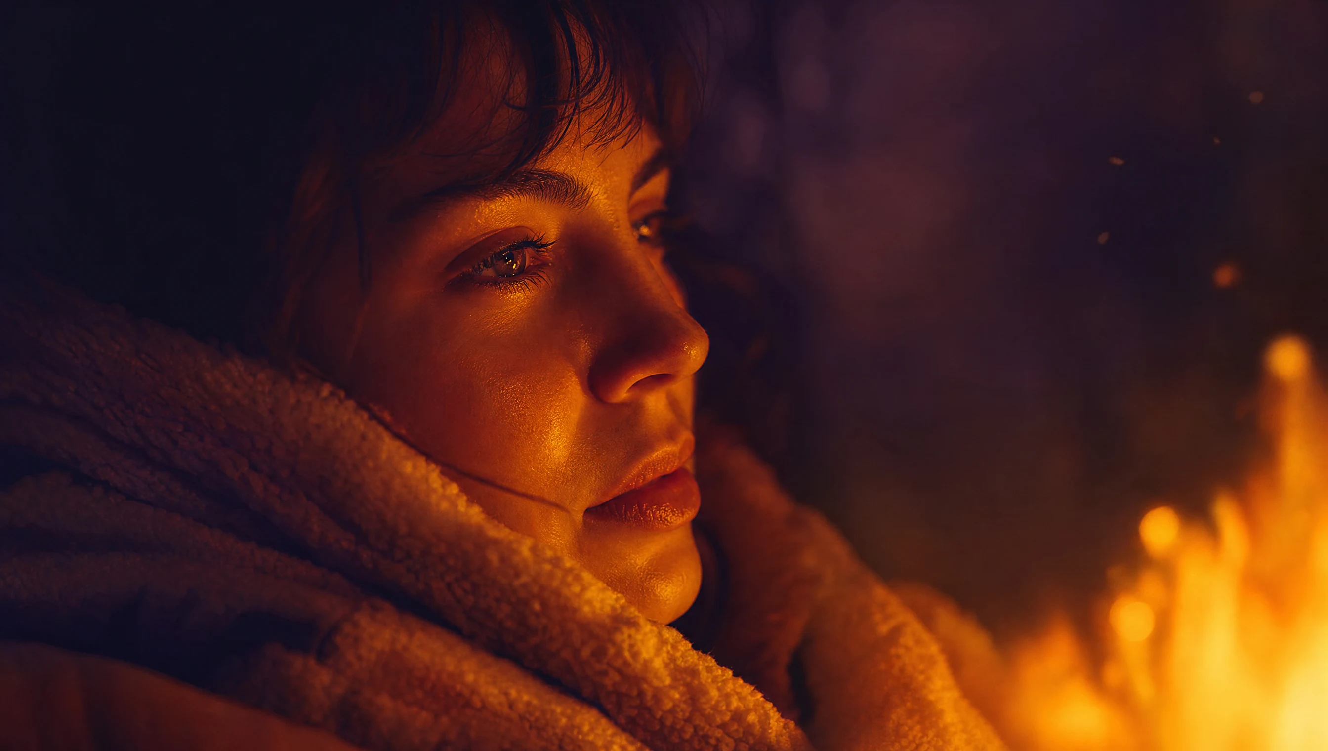 Un visage éclairé par la lumière dorée d'un feu, enveloppé dans un plaid, expression apaisée