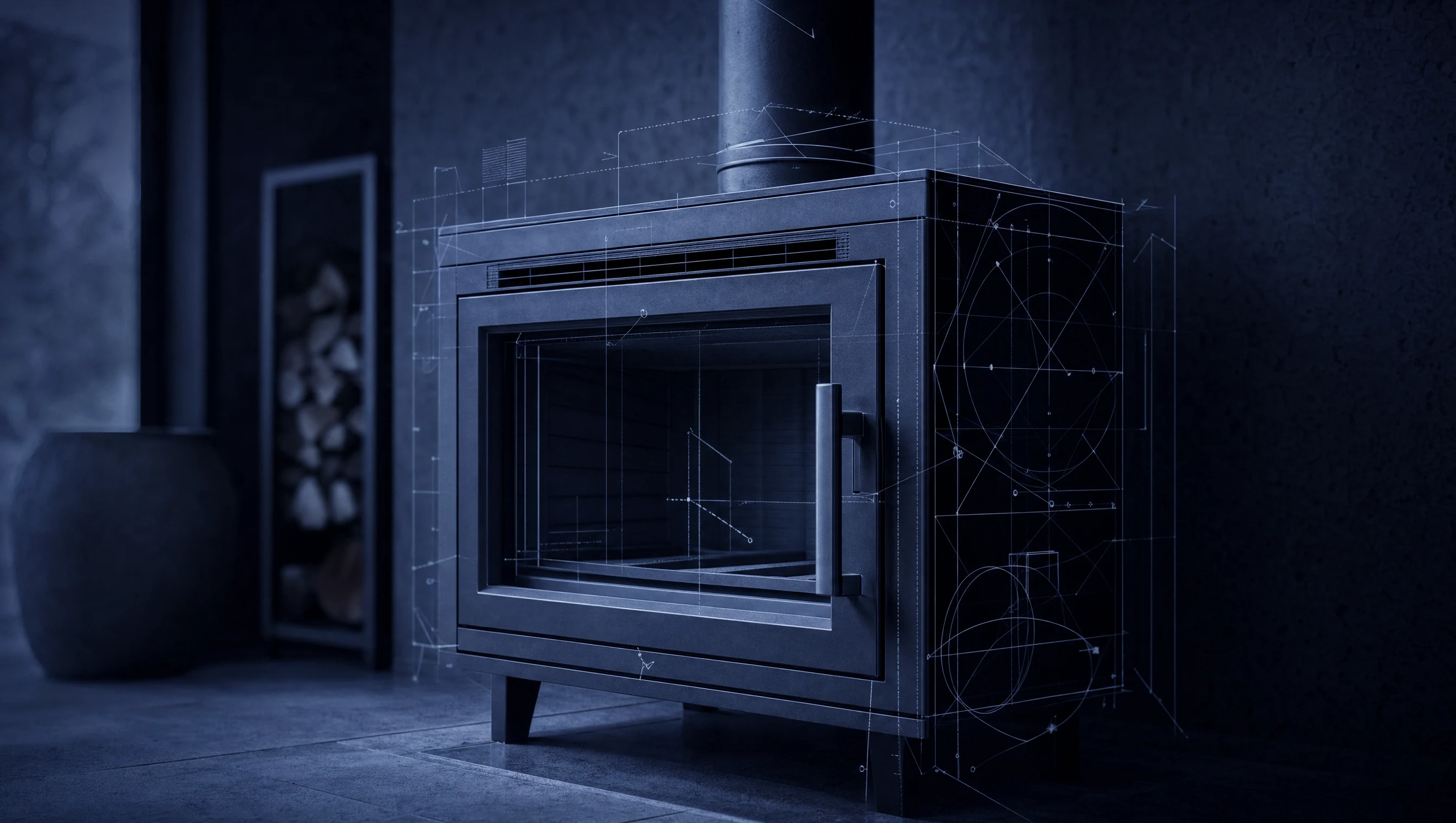 Un poêle à bois moderne recouvert de lignes de plan technique bleu froid, réduit à sa fiche de mesures