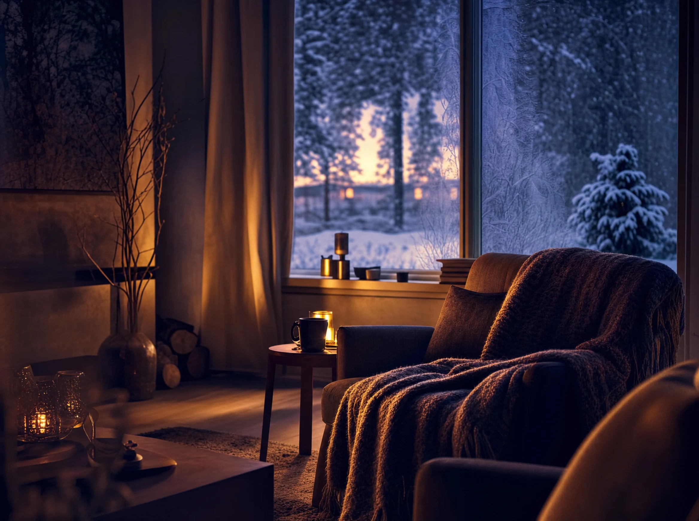 Intérieur chaleureux baigné d'une lueur dorée un soir d'hiver, plaid sur un fauteuil, neige derrière la fenêtre