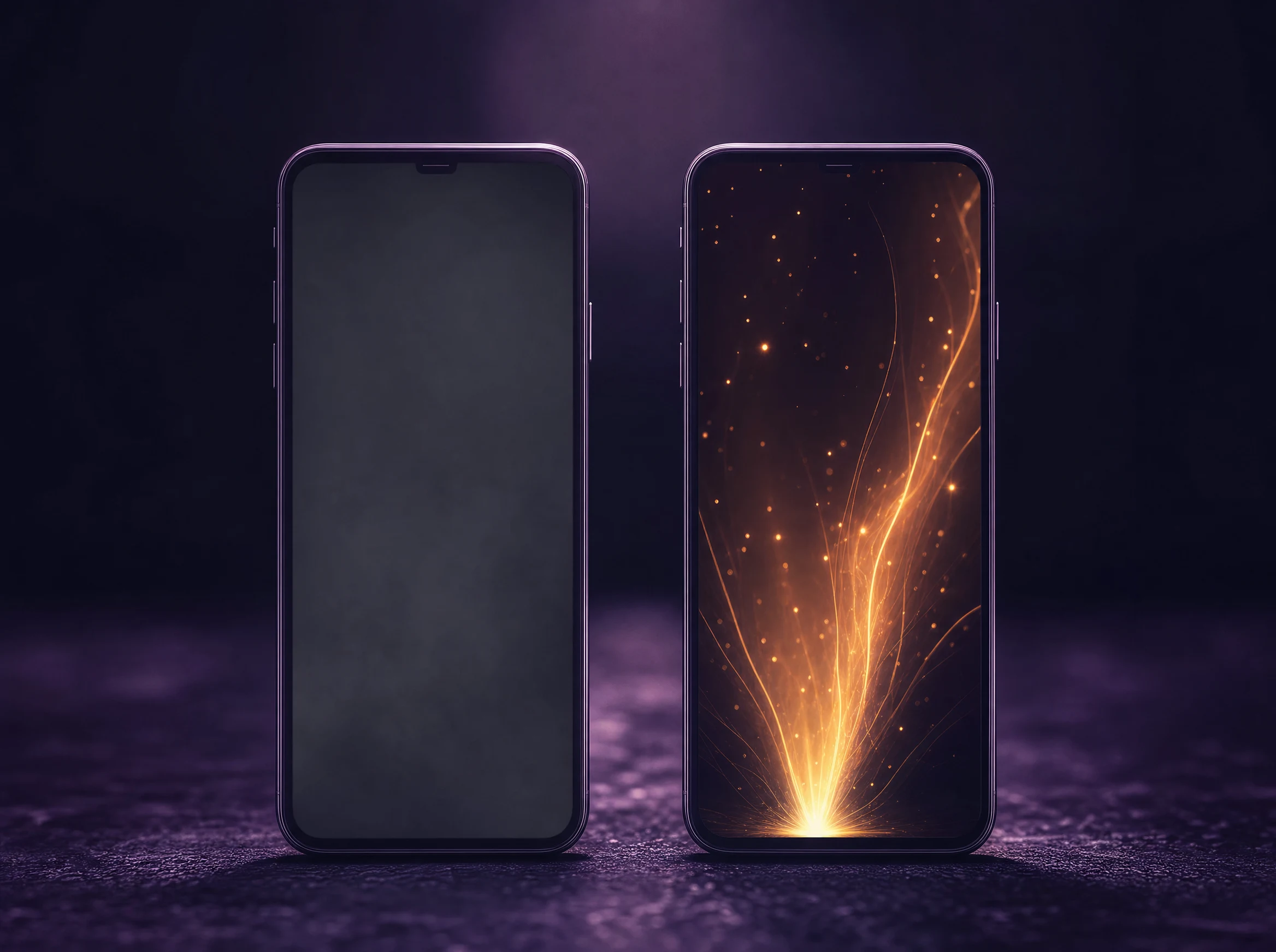 Deux smartphones côte à côte, l'un à l'écran terne et éteint, l'autre à l'écran chaud et vivant, symbole d'un test A/B