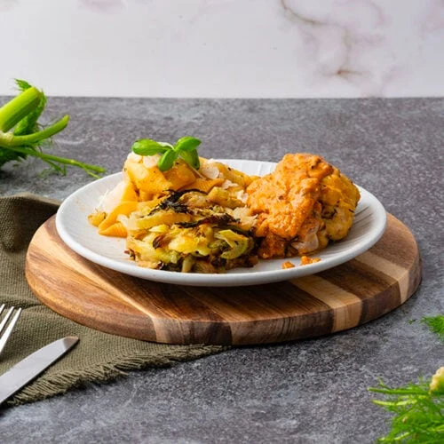 Un plat cuisiné La Brigade de Véro, conchiglie au grana padano, poulet et fenouil rôti
