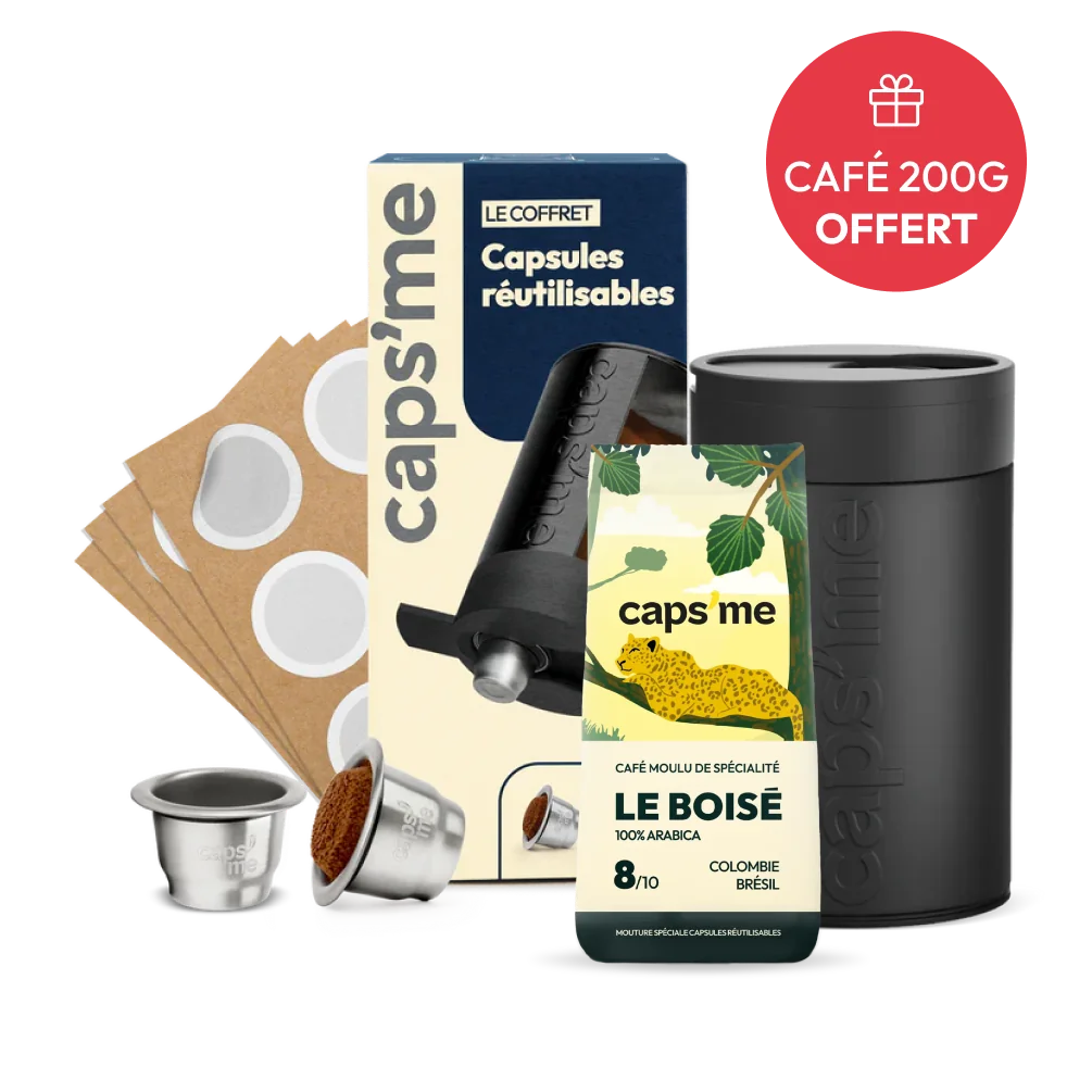 Le coffret Caps'me : capsules réutilisables en inox, disques adhésifs, tin de conservation et paquet de café moulu de spécialité