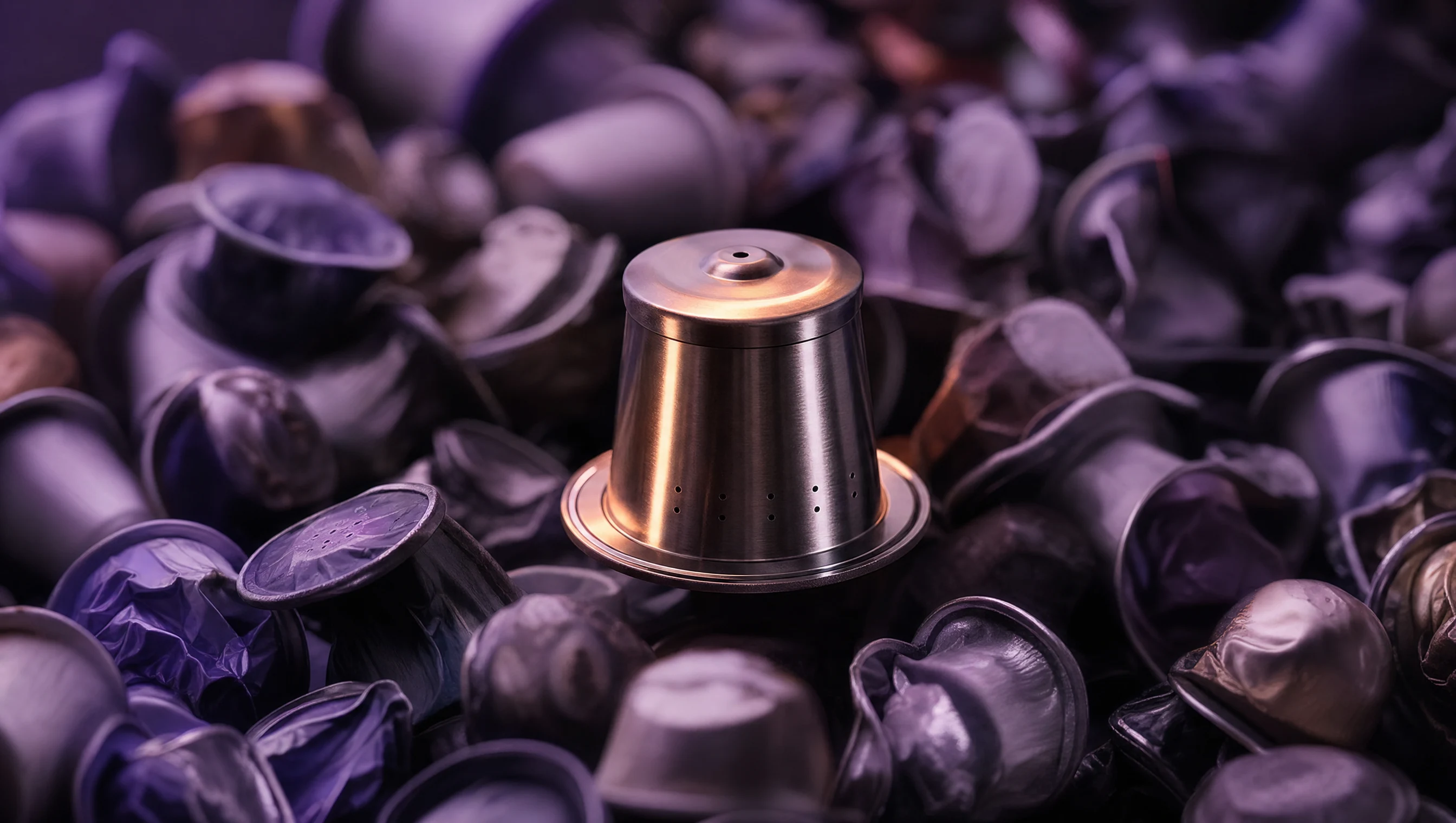 Une capsule de café réutilisable en inox, propre et éclairée, se détache au milieu d'un tas de capsules jetables en aluminium usagées et ternes