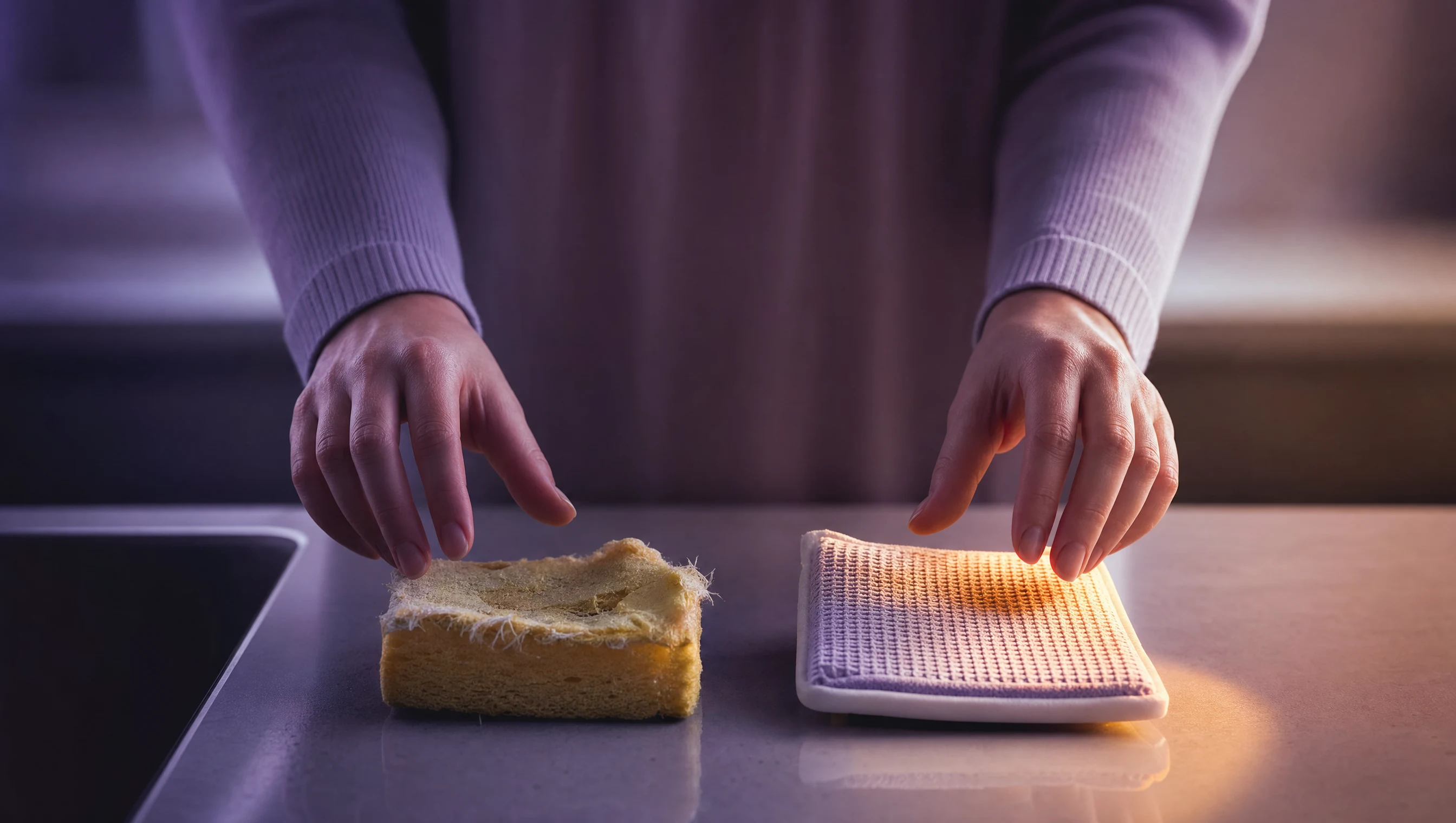 Des mains hésitent entre une éponge jetable usée et une éponge durable propre : le doute sur l'efficacité et le prix au moment de choisir