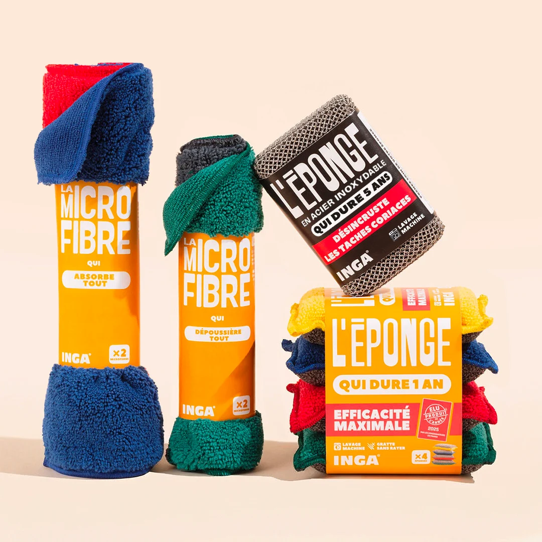 La gamme Inga : éponges lavables colorées, éponge acier et lingettes microfibre, avec le label Élu Produit de l'Année 2025