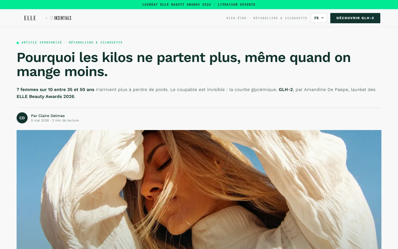 La landing page advertorial Insentials en ligne, cobrandée ELLE, titrée « Pourquoi les kilos ne partent plus, même quand on mange moins »