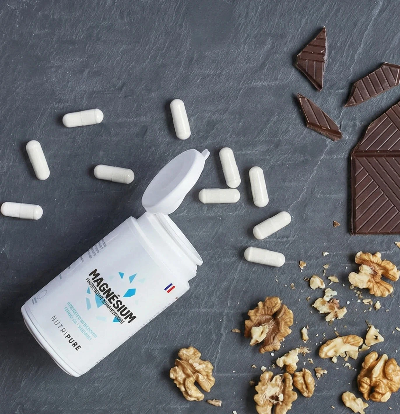Flacon de magnésium Nutripure renversé, gélules répandues à côté de chocolat noir et de noix, sources naturelles de magnésium