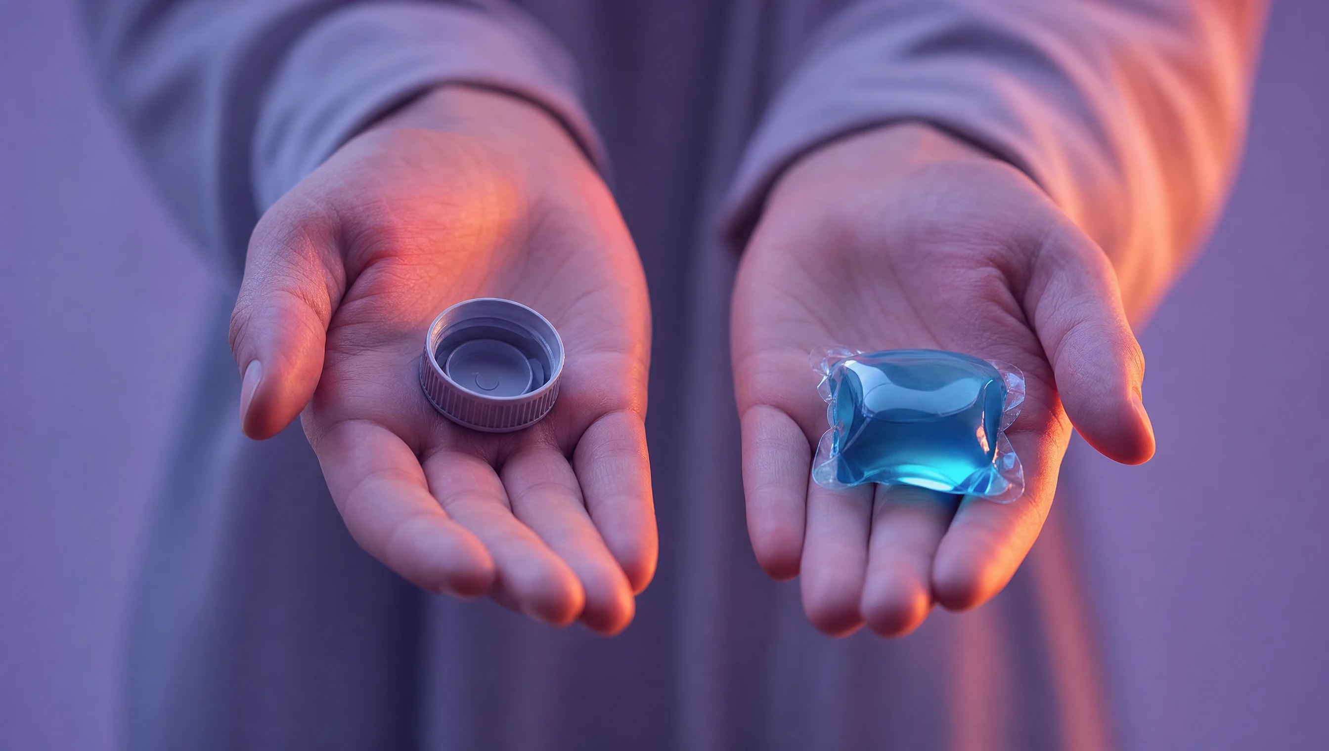 Deux mains ouvertes : à gauche un bouchon de lessive en plastique gris, à droite une capsule écologique bleue lumineuse, la décision de changer