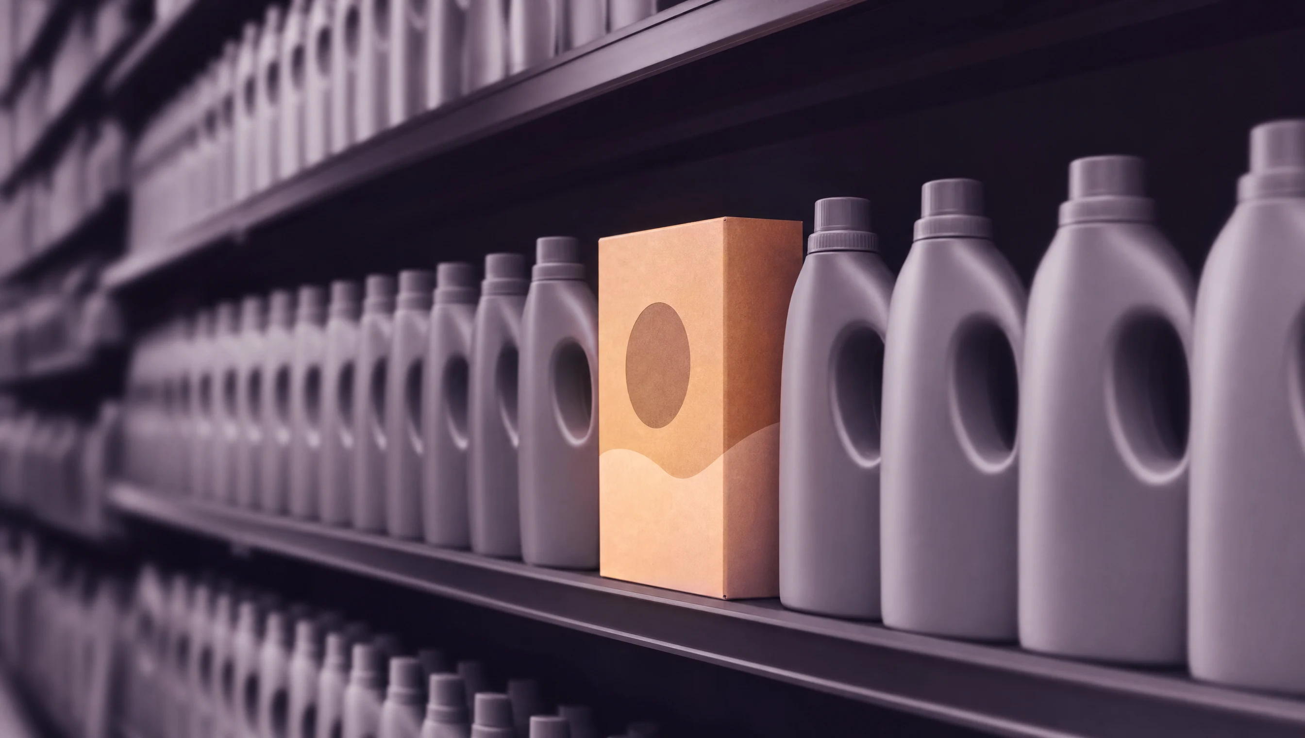 Un rayon de supermarché rempli de bouteilles de lessive grises et identiques, une seule boîte écologique se détache, mise en lumière