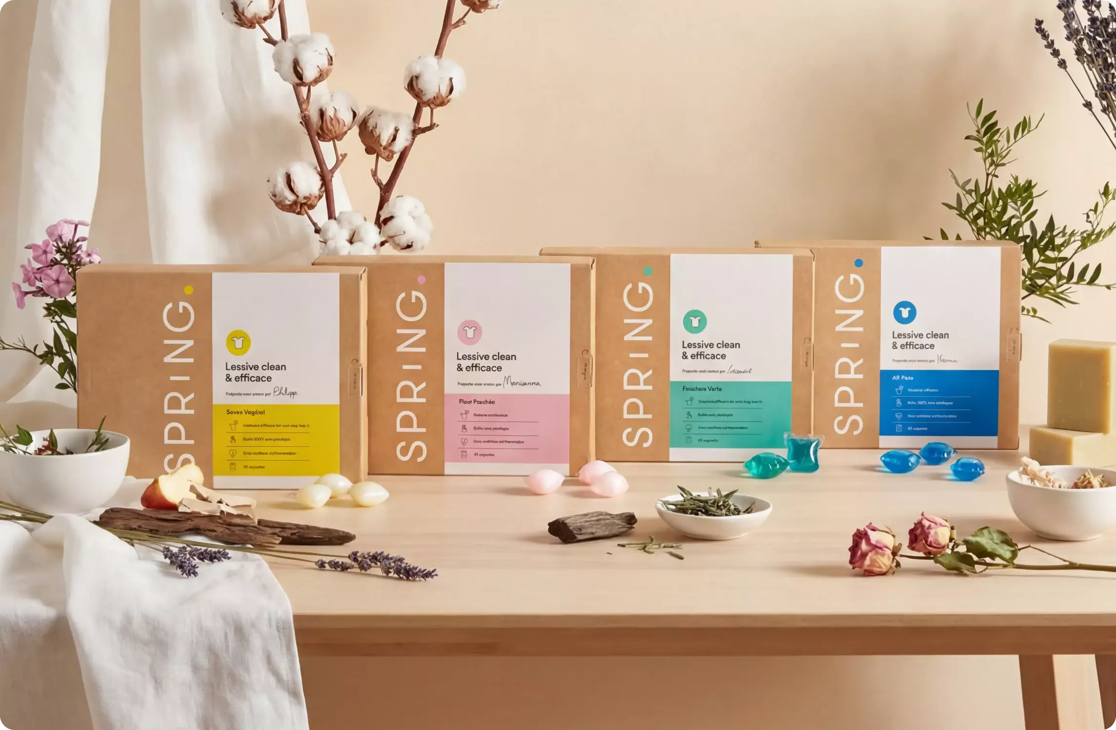 La gamme complète Spring : quatre parfums de lessive en capsules, dans leurs boîtes en carton kraft, sur un décor naturel