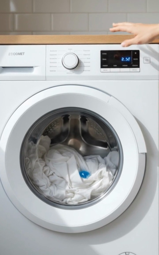 Capsule de lessive Spring bleue dans le tambour d'une machine à laver avec du linge blanc