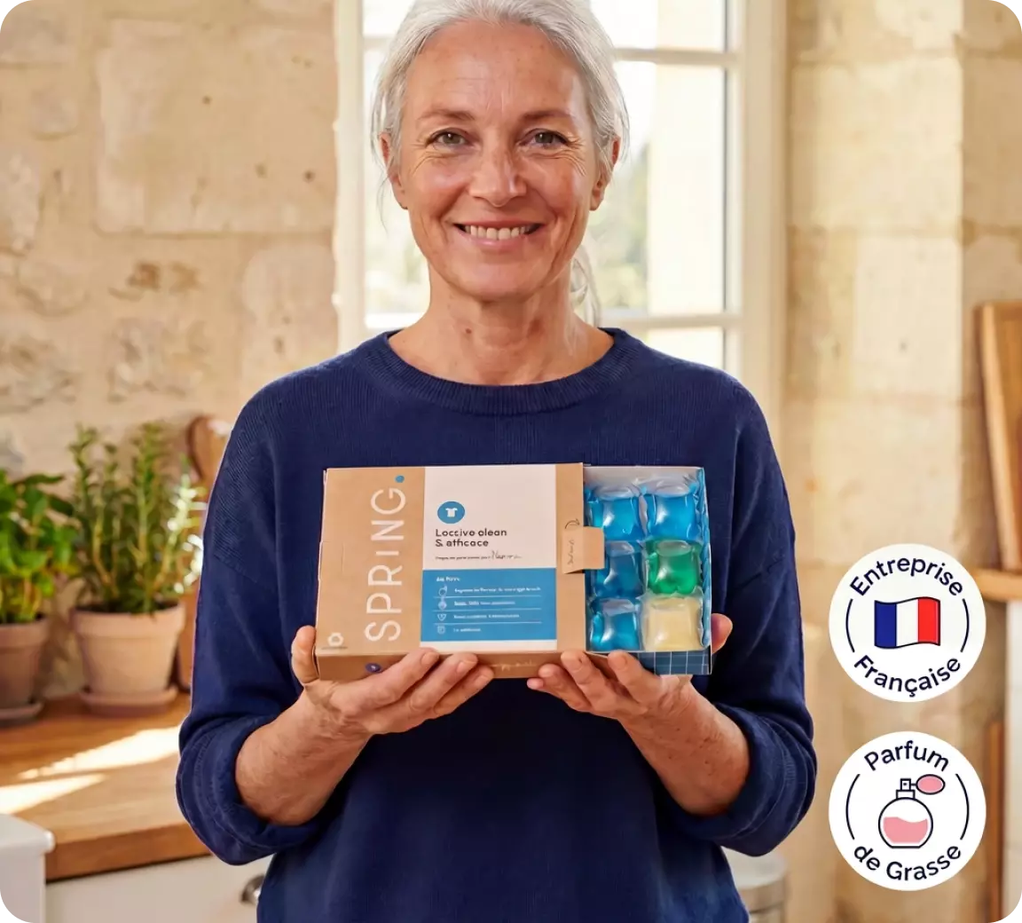 Femme senior souriante tenant la boîte de lessive Spring, avec les badges Entreprise Française et Parfum de Grasse